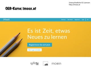 Sandra Schön & Martin Ebner
OER-Kurse: imoox.at
Unterschiedliche	CC-Lizenzen	
hKp://imoox.at	
 