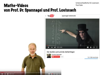 Sandra Schön & Martin Ebner
Mathe-Videos
von Prof. Dr. Spannagel und Prof. Loviscach
Unterschiedliche	CC-Lizenzen	
YouTube	
 