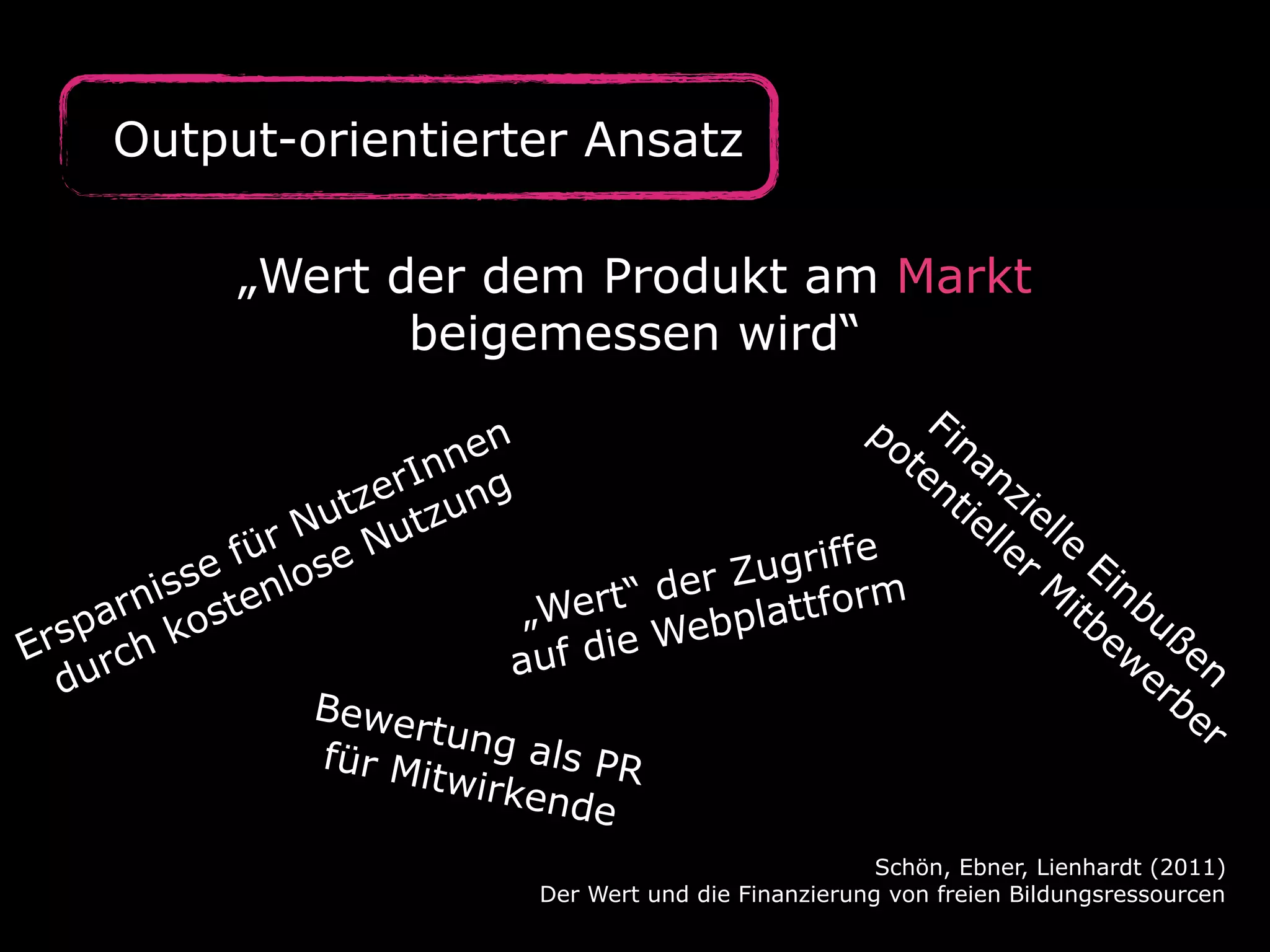Output-orientierter Ansatz
„Wert der dem Produkt am Markt
beigemessen wird“
po Fin
n
te an
ne
In g
nt zi
zer zun
t
ie el
Nu Nut
lle le
ür e
fe
f
f
r Ei
Zugri
se nlos
M n
er
nis ste
rt“ d
itb bu
orm
„We
ar ko
plattf
b
ew ße
rsp ch
ie We
E
d
auf
er n
ur
d
be
Bewe
r
rtung
als PR
für M
itwirk
ende
Schön, Ebner, Lienhardt (2011)
Der Wert und die Finanzierung von freien Bildungsressourcen

 
