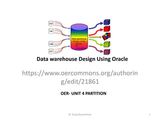 Data warehouse Design Using Oracle
https://www.oercommons.org/authorin
g/edit/21861
Dr. Girija Narasimhan 1
OER- UNIT 4 PARTITION
 