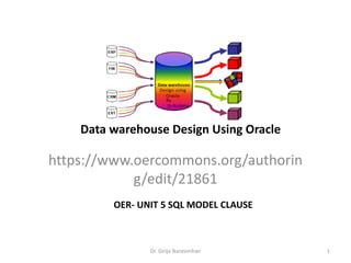 Data warehouse Design Using Oracle
https://www.oercommons.org/authorin
g/edit/21861
Dr. Girija Narasimhan 1
OER- UNIT 5 SQL MODEL CLAUSE
 