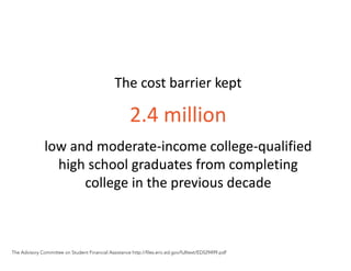 The Advisory Committee on Student Financial Assistance http://files.eric.ed.gov/fulltext/ED529499.pdf
The cost barrier kept
2.4 million
low and moderate-income college-qualified
high school graduates from completing
college in the previous decade
 