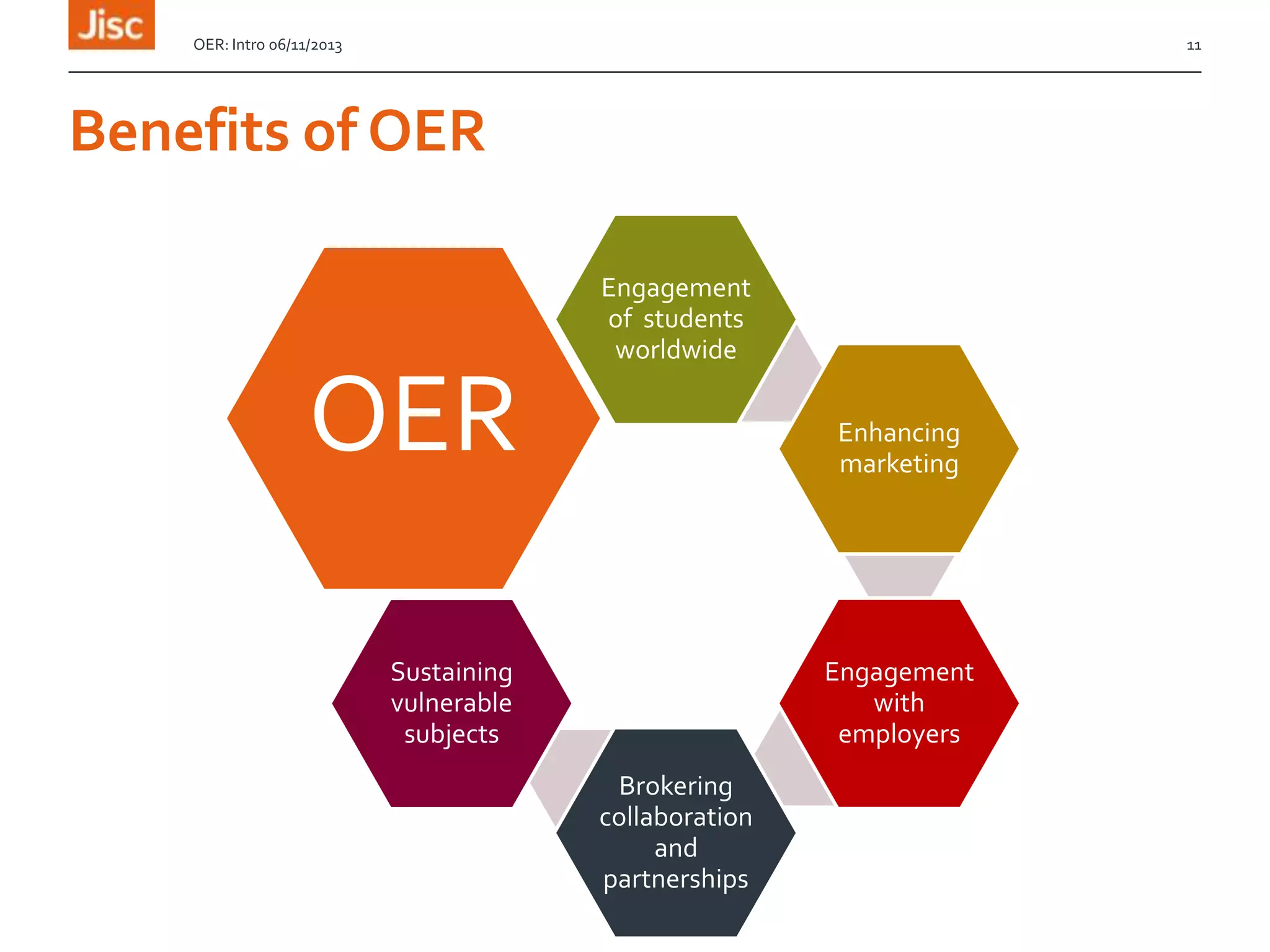 OER: Intro 06/11/2013

11

Benefits of OER
Engagement
of students
worldwide

OER

Enhancing
marketing

OER
Engagement
with
employers

Sustaining
vulnerable
subjects
Brokering
collaboration
and
partnerships

 