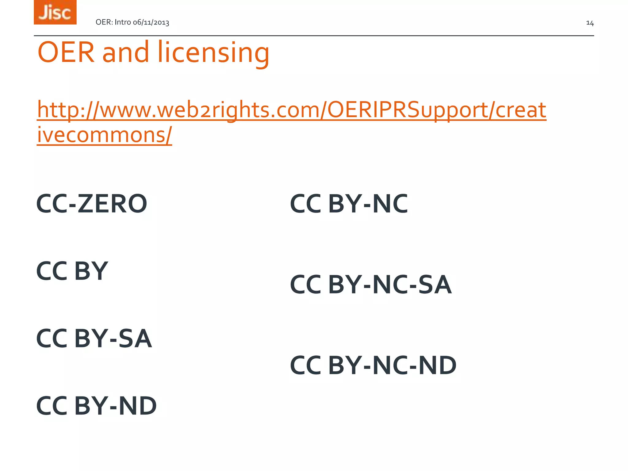 OER: Intro 06/11/2013

14

OER and licensing
http://www.web2rights.com/OERIPRSupport/creat
ivecommons/

CC-ZERO

CC BY-NC

CC BY

CC BY-NC-SA

CC BY-SA
CC BY-ND

CC BY-NC-ND

 