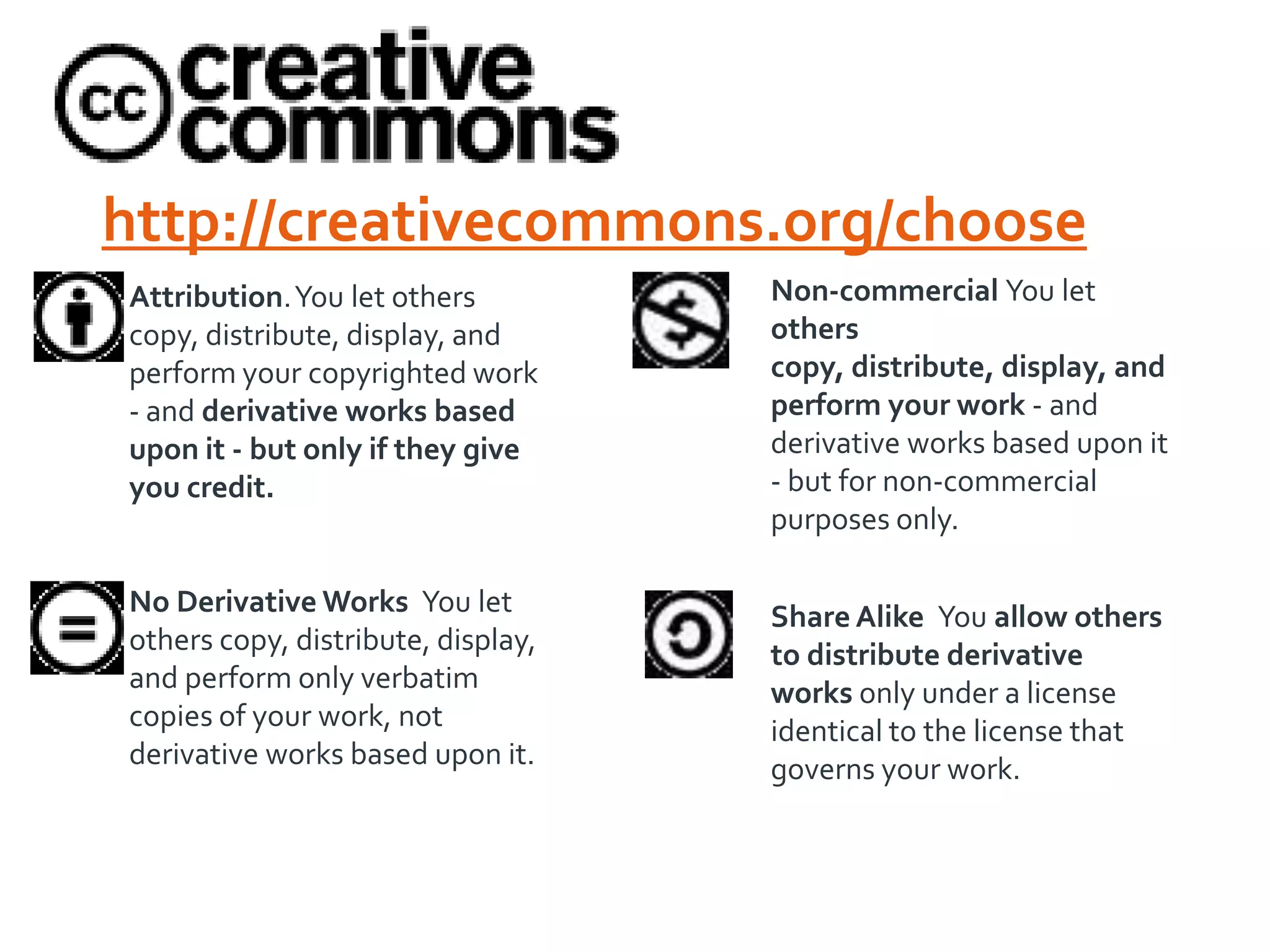 http://creativecommons.org/choose
Attribution. You let others
copy, distribute, display, and
perform your copyrighted work
- and derivative works based
upon it - but only if they give
you credit.

Non-commercial You let
others
copy, distribute, display, and
perform your work - and
derivative works based upon it
- but for non-commercial
purposes only.

No Derivative Works You let
others copy, distribute, display,
and perform only verbatim
copies of your work, not
derivative works based upon it.

Share Alike You allow others
to distribute derivative
works only under a license
identical to the license that
governs your work.

 