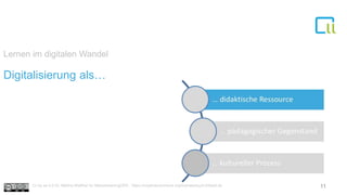 Lernen im digitalen Wandel
Digitalisierung als…
11Cc by sa 4.0 Dr. Bettina Waffner für MainstreamingOER , https://creativecommons.org/licenses/by/4.0/deed.de
 