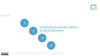 Urheberrechte leichter wahren –
Creative Commons
Agenda
1
1
1
2
1
3
1
4
Cc by sa 4.0 Dr. Bettina Waffner für MainstreamingOER , https://creativecommons.org/licenses/by/4.0/deed.de
 
