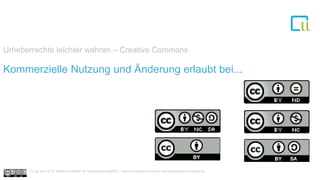 Urheberrechte leichter wahren – Creative Commons
1Kommerzielle Nutzung und Änderung erlaubt bei...
Cc by sa 4.0 Dr. Bettina Waffner für MainstreamingOER , https://creativecommons.org/licenses/by/4.0/deed.de
 