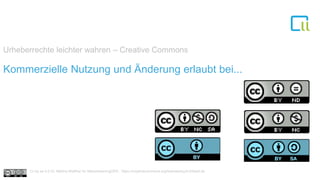 Urheberrechte leichter wahren – Creative Commons
1Kommerzielle Nutzung und Änderung erlaubt bei...
Cc by sa 4.0 Dr. Bettina Waffner für MainstreamingOER , https://creativecommons.org/licenses/by/4.0/deed.de
 
