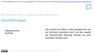 Die praktische Arbeit mit Open Educational Resources
1SchnOERrzeljagd
Videosuche bei
YouTube
Wir suchen ein Video, in dem gezeigt wird, wie
ein Schnitzel zubereitet wird, und das sowohl
die kommerzielle Nutzung erlaubt, als auch
verändert werden kann.
Cc by sa 4.0 Dr. Bettina Waffner für MainstreamingOER , https://creativecommons.org/licenses/by/4.0/deed.de
Die Schnoerzeljagd basiert auf einer Idee von Sandra Schön. CC BY-SA by Sandra Schön, SchnOERrzeljagd https://creativecommons.org/licenses/by-sa/4.0/legalcode.de
 
