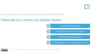 Innovative Lehr- und Lernszenarien in der digitalisierten Welt
Potenziale des Lernens mit digitalen Medien
Cc by sa 4.0 Dr. Bettina Waffner für MainstreamingOER , https://creativecommons.org/licenses/by/4.0/deed.de
 