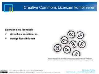 Dr. Bettina Waffner
Learning Lab – Universität Duisburg-Essen
Creative Commons Lizenzen kombinieren
cc by sa 4.0 Präsentation MINT-L-OER-amt von Lubna Ali und René Röpke.
Bearbeitet von Bettina Waffner für MainstreamingOER creativecommons.org/licenses/by-sa/4.0/legalcode.de
Lizenzen sind identisch
 einfach zu kombinieren
 wenige Restriktionen
By Kristina Alexanderson [CC BY 2.0 (http://creativecommons.org/licenses/by/2.0)], via Wikimedia
Commons Quelle:https://commons.wikimedia.org/wiki/File%3ACreative_Commons_-_cc_stickers.jpg
 