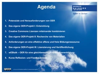 1. Potenziale und Herausforderungen von OER
2. Das eigene OER-Projekt I: Entwicklung
3. Creative Commons Lizenzen miteinander kombinieren
4. Das eigene OER-Projekt II: Recherche von Materialien
5. Anforderungen an eine effektive offene und freie Bildungsressource
6. Das eigene OER-Projekt III: Lizenzierung und Veröffentlichung
7. wEBtalk – OER für eine gleichberechtigte Erwachsenenbildung
8. Kurze Reflexion- und Feedbackrunde
cc by sa 4.0 DE Bettina Waffner für MainstreamingOER https://creativecommons.org/licenses/by-sa/4.0/
Agenda
 