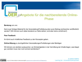 Dr. Bettina Waffner
Learning Lab – Universität Duisburg-Essen
Angebote für die nachbereitende Online-
Phase
cc by sa 4.0 B...