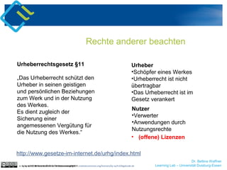 Dr. Bettina Waffner
Learning Lab – Universität Duisburg-Essen
Rechte anderer beachten
cc by sa 4.0 DE Bettina Waffner für MainstreamingOER
Urheberrechtsgesetz §11
„Das Urheberrecht schützt den
Urheber in seinen geistigen
und persönlichen Beziehungen
zum Werk und in der Nutzung
des Werkes.
Es dient zugleich der
Sicherung einer
angemessenen Vergütung für
die Nutzung des Werkes.“
http://www.gesetze-im-internet.de/urhg/index.html
Urheber
•Schöpfer eines Werkes
•Urheberrecht ist nicht
übertragbar
•Das Urheberrecht ist im
Gesetz verankert
Nutzer
•Verwerter
•Anwendungen durch
Nutzungsrechte
• (offene) Lizenzen
cc by sa 4.0 DE Bettina Waffner für MainstreamingOER creativecommons.org/licenses/by-sa/4.0/legalcode.de
 