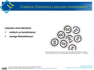 Dr. Bettina Waffner
Learning Lab – Universität Duisburg-Essen
Creative Commons Lizenzen kombinieren
Lizenzen sind identisch
 einfach zu kombinieren
 wenige Restriktionen
By Kristina Alexanderson [CC BY 2.0 (http://creativecommons.org/licenses/by/2.0)], via Wikimedia
Commons Quelle:https://commons.wikimedia.org/wiki/File%3ACreative_Commons_-_cc_stickers.jpg
cc by sa 4.0 Präsentation MINT-L-OER-amt von Lubna Ali und René Röpke.
Bearbeitet von Bettina Waffner für MainstreamingOER creativecommons.org/licenses/by-sa/4.0/legalcode.de
 