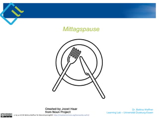 Dr. Bettina Waffner
Learning Lab – Universität Duisburg-Essen
Mittagspause
cc by sa 4.0 DE Bettina Waffner für MainstreamingOER https://creativecommons.org/licenses/by-sa/4.0/
 