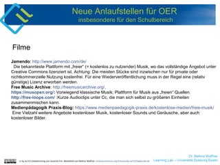 Dr. Bettina Waffner
Learning Lab – Universität Duisburg-Essen
Neue Anlaufstellen für OER
insbesondere für den Schulbereich
Jamendo: http://www.jamendo.com/de/
Die bekannteste Plattform mit „freier“ (= kostenlos zu nutzender) Musik, wo das vollständige Angebot unter
Creative Commons lizenziert ist. Achtung: Die meisten Stücke sind inzwischen nur für private oder
nichtkommerzielle Nutzung kostenfrei. Für eine Wiederveröffentlichung muss in der Regel eine (relativ
günstige) Lizenz erworben werden.
Free Music Archive: http://freemusicarchive.org/.
https://musopen.org/: Vorwiegend klassische Musik; Plattform für Musik aus „freien“ Quellen.
http://free-loops.com/ :Kurze Audioclips unter Cc, die man sich selbst zu größeren Einheiten
zusammenmischen kann.
Medienpädagogik Praxis-Blog: https://www.medienpaedagogik-praxis.de/kostenlose-medien/freie-musik/
Eine Vielzahl weitere Angebote kostenloser Musik, kostenloser Sounds und Geräusche, aber auch
kostenloser Bilder.
Filme
cc by sa 4.0 Linksammlung von Susanne Friz. Bearbeitet von Bettina Waffner creativecommons.org/licenses/by-sa/4.0/legalcode.de
 