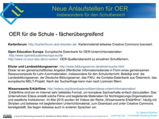 Dr. Bettina Waffner
Learning Lab – Universität Duisburg-Essen
Neue Anlaufstellen für OER
insbesondere für den Schulbereich
Kartenforum: http://kartenforum.slub-dresden.de/ Kartenmaterial teilweise Creative Commons lizensiert.
Open Education Europa: Europäische Datenbank für OER-Unterrichtsmaterialien:
http://www.openeducationeuropa.eu/de
http://www.cc-your-edu.de/cc-seiten/ OER-Quellenübersicht zu einzelnen Schulfächern.
Elixier und Landesbildungsserver: http://www.bildungsserver.de/elixier/suche.html
Elixier ist ein gemeinschaftliches Angebot öffentlicher Informationsdienste in Form eines gemeinsamen
Ressourcenpools für Lehr-/Lernmaterialien, insbesondere für den Schulunterricht. Beteiligt sind: die
Landesbildungsserver, der Deutsche Bildungsserver, das FWU, die Contake-Datenbank aus Österreich, das
europäische MELT-Projekt. Nach der Suchanfrage kann man nach Lizenzen filtern.
Wissenswerte Erklärfilme: http://edeos.org/downloads-erklaervideos-unterrichtsmaterialien/
Erklärfilme sind ein im Internet sehr beliebtes Format, um komplexe Sachverhalte einfach darzustellen. Das
Unternehmen Edeos erstellt solche Filme und begleitende Materialien für Nichtregierungs-Organisationen
und staatliche Institutionen. Im Mai 2015 wurden 44 Videos der Reihe „Wissenswerte Erklärfilme“, häufig mit
Skripten und teilweise mit begleitendem Unterrichtsmaterial, zum Download und unter Creative Commons
bereitgestellt. Sie liegen teilweise auch in anderen Sprachen vor.
OER für die Schule - fächerübergreifend
cc by sa 4.0 Linksammlung von Susanne Friz. Bearbeitet von Bettina Waffner creativecommons.org/licenses/by-sa/4.0/legalcode.de
 