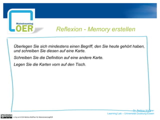 Dr. Bettina Waffner
Learning Lab – Universität Duisburg-Essen
Reflexion - Memory erstellen
Überlegen Sie sich mindestens einen Begriff, den Sie heute gehört haben,
und schreiben Sie diesen auf eine Karte.
Schreiben Sie die Definition auf eine andere Karte.
Legen Sie die Karten vorn auf den Tisch.
cc by sa 4.0 DE Bettina Waffner für MainstreamingOER
 