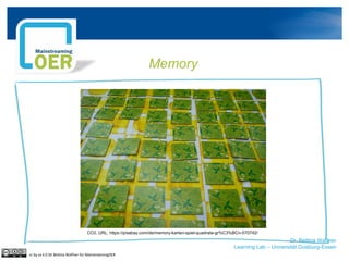 Dr. Bettina Waffner
Learning Lab – Universität Duisburg-Essen
Memory
cc by sa 4.0 DE Bettina Waffner für MainstreamingOER
CC0. URL: https://pixabay.com/de/memory-karten-spiel-quadrate-gr%C3%BCn-570742/
 