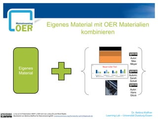 Dr. Bettina Waffner
Learning Lab – Universität Duisburg-Essen
Eigenes Material mit OER Materialien
kombinieren
cc by sa 4.0 Präsentation MINT-L-OER-amt von Lubna Ali und René Röpke.
Bearbeitet von Bettina Waffner für MainstreamingOER creativecommons.org/licenses/by-sa/4.0/legalcode.de
Eigenes
Material
Autor:
Max
Meyer
Autorin:
Sarah
Scholl
Autor:
Hans
Glück
 