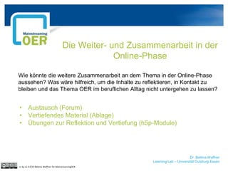 Dr. Bettina Waffner
Learning Lab – Universität Duisburg-Essen
cc by sa 4.0 DE Bettina Waffner für MainstreamingOER
Wie könnte die weitere Zusammenarbeit an dem Thema in der Online-Phase
aussehen? Was wäre hilfreich, um die Inhalte zu reflektieren, in Kontakt zu
bleiben und das Thema OER im beruflichen Alltag nicht untergehen zu lassen?
Die Weiter- und Zusammenarbeit in der
Online-Phase
• Austausch (Forum)
• Vertiefendes Material (Ablage)
• Übungen zur Reflektion und Vertiefung (h5p-Module)
 