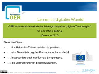 Dr. Bettina Waffner
Learning Lab – Universität Duisburg-Essen
Lernen im digitalen Wandel
cc by sa 4.0 Bettina Waffner für MainstreamingOER creativecommons.org/licenses/by-sa/4.0/legalcode.de
OER als Baustein innerhalb des Lösungskomplexes „digitale Technologien“
für eine offene Bildung.
(Surmann 2017)
• … eine Kultur des Teilens und der Kooperation.
• …. eine Diversifizierung des Bestandes an Lernmaterial.
• …. insbesondere auch non-formale Lernprozesse.
• …. die Verbreiterung von Bildungszugängen.
Sie unterstützen …
 