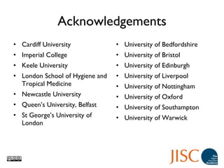 Acknowledgements Cardiff University Imperial College Keele University London School of Hygiene and Tropical Medicine Newcastle University Queen ’s University, Belfast St George ’s University of London University of Bedfordshire University of Bristol University of Edinburgh University of Liverpool University of Nottingham University of Oxford University of Southampton University of Warwick 