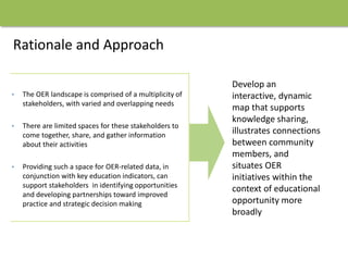 Rationale and Approach
• The OER landscape is comprised of a multiplicity of
stakeholders, with varied and overlapping needs
• There are limited spaces for these stakeholders to
come together, share, and gather information
about their activities
• Providing such a space for OER-related data, in
conjunction with key education indicators, can
support stakeholders in identifying opportunities
and developing partnerships toward improved
practice and strategic decision making
Develop an
interactive, dynamic
map that supports
knowledge sharing,
illustrates connections
between community
members, and
situates OER
initiatives within the
context of educational
opportunity more
broadly
 