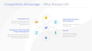 www.companyname.com
Competitive Advantage – Why Always Us?
Base on the cheap labor cost,
we always deliver service with
competitive cost
Competitive cost
We use the best management tools
for helping both us and customer to
control the project effectively
Transparent And Accessible
Project Management
Workforce with many years
of experience
High Quality Resource
And Profession
Technology is a priority
area. So, we can enjoy
preferential tax rate
Tax 0%
 