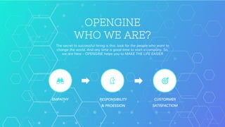 The secret to successful hiring is this: look for the people who want to
change the world. And any time is good time to start a company. So,
we are here – OPENGINE helps you to MAKE THE LIFE EASIER
OPENGINE
WHO WE ARE?
EMPATHY RESPONSIBILITY
& PROESSION
CUSTORMER
SATISFACTIOM
 
