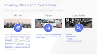 www.companyname.com
Mission, Vision and Core Values
We are striving to become a multinational
company guided by technical innovations
with three core business sectors:
Outsourcing, Design and Fin-Tech.
Empathizing with customers and
committing to highest level of customer
satisfaction are our responsibility.
We build a professional working
environment like the way we show our
responsibility to community and society to
make our like easier.
Mission
OPENGINE must become a leading global
corporation in Outsourcing, Design and
FinTech Service
Vision
EMPATHY
RESPONSIBILITY
PROESSION
CUSTOMER SATISFACTION
Core Values
Vision without action is a daydream. Action without vision is a nightmare – CEO James S.
 