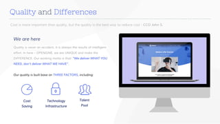 www.companyname.com
Quality and Differences
Cost is more important than quality, but the quality is the best way to reduce cost - CCO John S.
Quality is never an accident. It is always the results of intelligent
effort. In here – OPENGINE, we are UNIQUE and make the
DIFFERENCE. Our working motto is that: “We deliver WHAT YOU
NEED, don’t deliver WHAT WE HAVE”.
Our quality is built base on THREE FACTORS, including:
We are here
Cost
Saving
Technology
Infrastructure
Talent
Pool
 