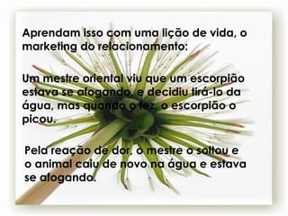 Aprendam isso com uma lição de vida, o marketing do relacionamento: Um mestre oriental viu que um escorpião estava se afogando, e decidiu tirá-lo da água, mas quando o fez, o escorpião o picou.   Pela reação de dor, o mestre o soltou e o animal caiu de novo na água e estava se afogando.   