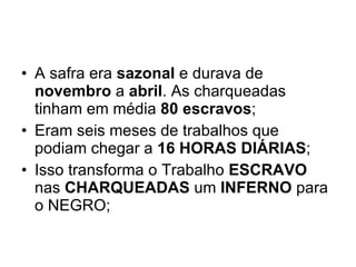 A safra era  sazonal  e durava de  novembro  a  abril . As charqueadas tinham em média  80 escravos ; Eram seis meses de trabalhos que podiam chegar a  16 HORAS DIÁRIAS ; Isso transforma o Trabalho  ESCRAVO  nas  CHARQUEADAS  um  INFERNO  para o NEGRO; 