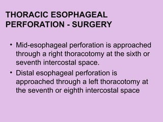 THORACIC ESOPHAGEAL
PERFORATION - SURGERY
• Mid-esophageal perforation is approached
through a right thoracotomy at the sixth or
seventh intercostal space.
• Distal esophageal perforation is
approached through a left thoracotomy at
the seventh or eighth intercostal space
 