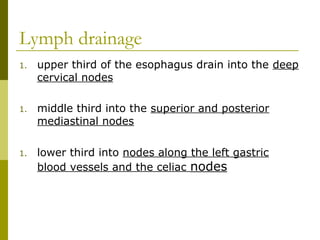 Lymph drainage
1. upper third of the esophagus drain into the deep
cervical nodes
1. middle third into the superior and posterior
mediastinal nodes
1. lower third into nodes along the left gastric
blood vessels and the celiac nodes
 