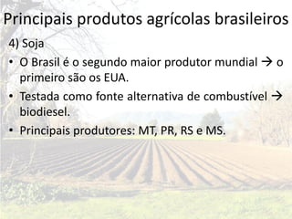 Principais produtos agrícolas brasileiros
4) Soja
• O Brasil é o segundo maior produtor mundial  o
  primeiro são os EUA.
• Testada como fonte alternativa de combustível 
  biodiesel.
• Principais produtores: MT, PR, RS e MS.
 