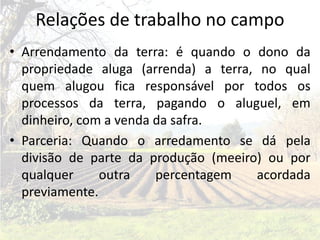 Relações de trabalho no campo
• Arrendamento da terra: é quando o dono da
  propriedade aluga (arrenda) a terra, no qual
  quem alugou fica responsável por todos os
  processos da terra, pagando o aluguel, em
  dinheiro, com a venda da safra.
• Parceria: Quando o arredamento se dá pela
  divisão de parte da produção (meeiro) ou por
  qualquer     outra    percentagem    acordada
  previamente.
 