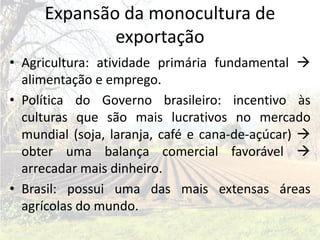 Expansão da monocultura de
             exportação
• Agricultura: atividade primária fundamental 
  alimentação e emprego.
• Política do Governo brasileiro: incentivo às
  culturas que são mais lucrativos no mercado
  mundial (soja, laranja, café e cana-de-açúcar) 
  obter uma balança comercial favorável 
  arrecadar mais dinheiro.
• Brasil: possui uma das mais extensas áreas
  agrícolas do mundo.
 