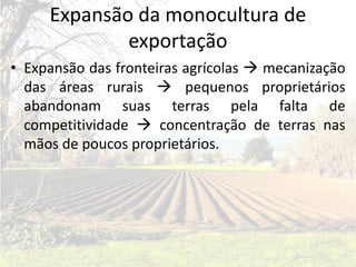 Expansão da monocultura de
             exportação
• Expansão das fronteiras agrícolas  mecanização
  das áreas rurais  pequenos proprietários
  abandonam suas terras pela falta de
  competitividade  concentração de terras nas
  mãos de poucos proprietários.
 