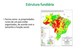 Estrutura fundiária
• Forma como as propriedades
rurais de um país estão
organizadas, de acordo com o
tamanho e função social.
 