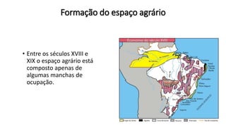 Formação do espaço agrário
• Entre os séculos XVIII e
XIX o espaço agrário está
composto apenas de
algumas manchas de
ocupação.
 