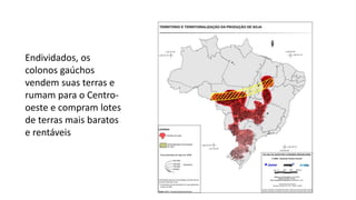 Endividados, os
colonos gaúchos
vendem suas terras e
rumam para o Centro-
oeste e compram lotes
de terras mais baratos
e rentáveis
 