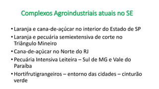Complexos Agroindustriais atuais no SE
•Laranja e cana-de-açúcar no interior do Estado de SP
•Laranja e pecuária semiextensiva de corte no
Triângulo Mineiro
•Cana-de-açúcar no Norte do RJ
•Pecuária Intensiva Leiteira – Sul de MG e Vale do
Paraíba
•Hortifrutigrangeiros – entorno das cidades – cinturão
verde
 