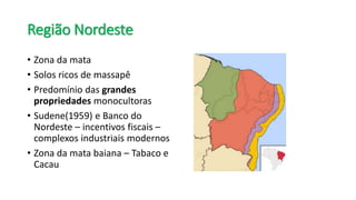 Região Nordeste
• Zona da mata
• Solos ricos de massapê
• Predomínio das grandes
propriedades monocultoras
• Sudene(1959) e Banco do
Nordeste – incentivos fiscais –
complexos industriais modernos
• Zona da mata baiana – Tabaco e
Cacau
 