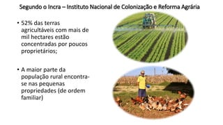 Segundo o Incra – Instituto Nacional de Colonização e Reforma Agrária
• 52% das terras
agricultáveis com mais de
mil hectares estão
concentradas por poucos
proprietários;
• A maior parte da
população rural encontra-
se nas pequenas
propriedades (de ordem
familiar)
 
