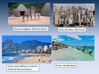 Praias com edifícios e morros:
Típico do Rio de Janeiro
Selva de Pedra: São Paulo
Praias do Nordeste
Reserva indígena: Norte do Brasil
 
