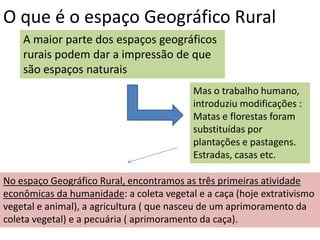 O que é o espaço Geográfico Rural
    A maior parte dos espaços geográficos
    rurais podem dar a impressão de que
    são espaços naturais
                                          Mas o trabalho humano,
                                          introduziu modificações :
                                          Matas e florestas foram
                                          substituídas por
                                          plantações e pastagens.
                                          Estradas, casas etc.

No espaço Geográfico Rural, encontramos as três primeiras atividade
econômicas da humanidade: a coleta vegetal e a caça (hoje extrativismo
vegetal e animal), a agricultura ( que nasceu de um aprimoramento da
coleta vegetal) e a pecuária ( aprimoramento da caça).
 